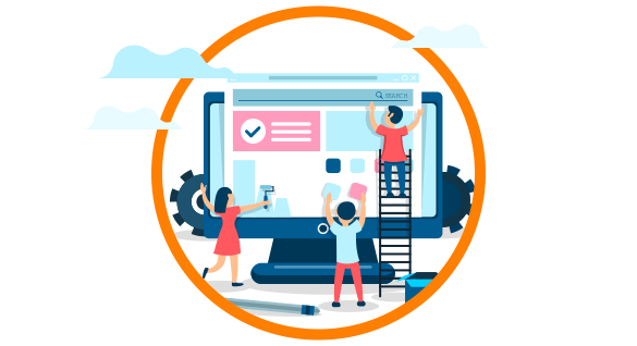 Imagem de uma ilustração de pessoas montando site