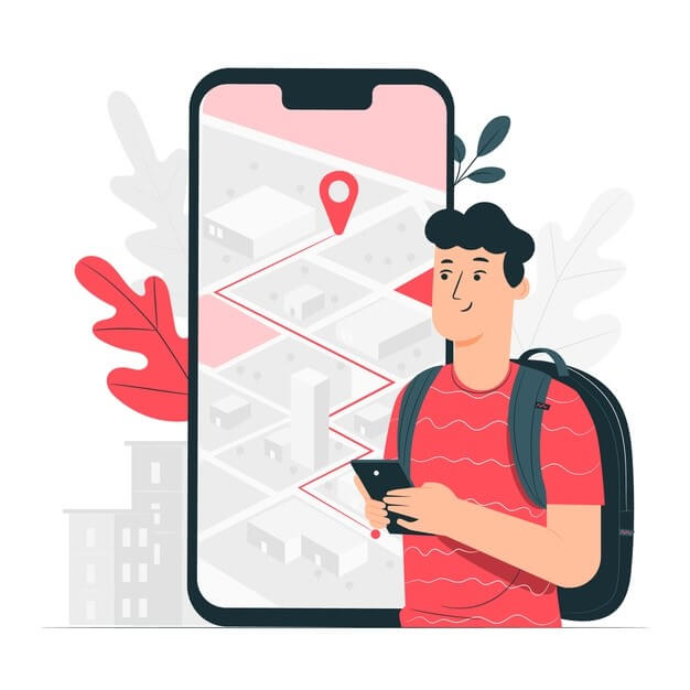 Ilustração de personagem utilizando celular para localizar endereço